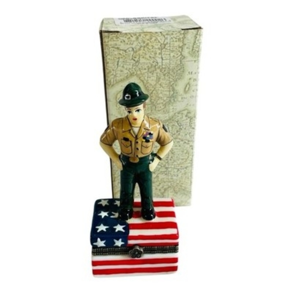 Rare Porcelain Hinged Trinket Box USA Military Soldier American Flag Vintage NIB